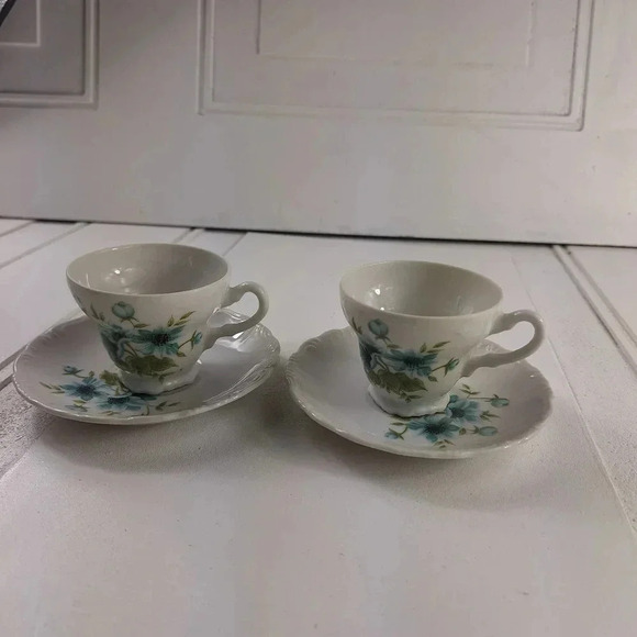 Pamela Japan Saucers and Tea Cups Set Of 2 Blue & White with Flower Design - Picture 8 of 9